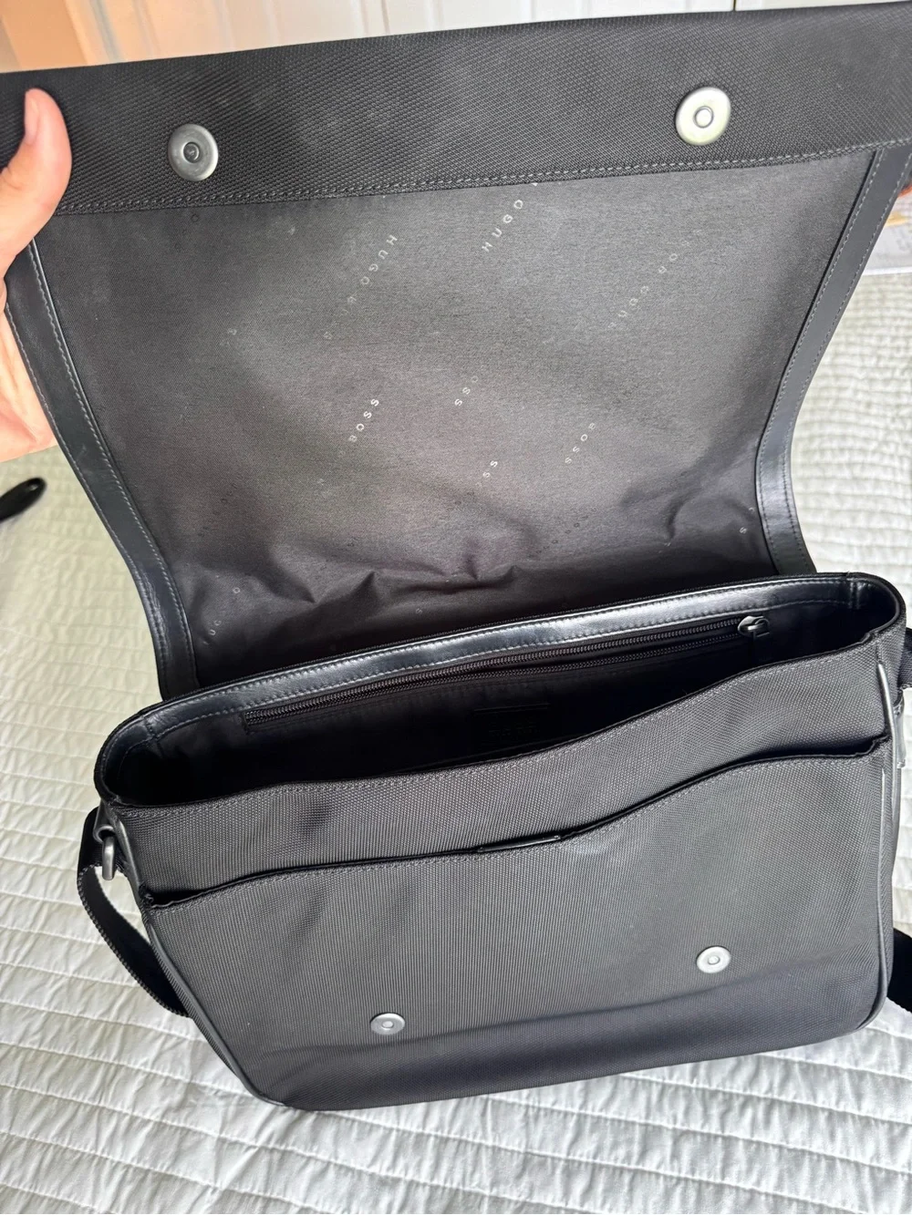 Vintage HUGO BOSS Black Nylon Messenger Bag with Leather Trim Work School Travel